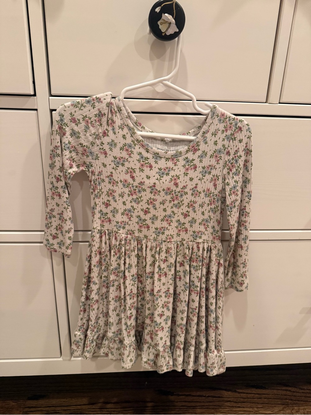 Posh Peanut Cream Floral Long-Sleeve Ruffle-Hem Dress